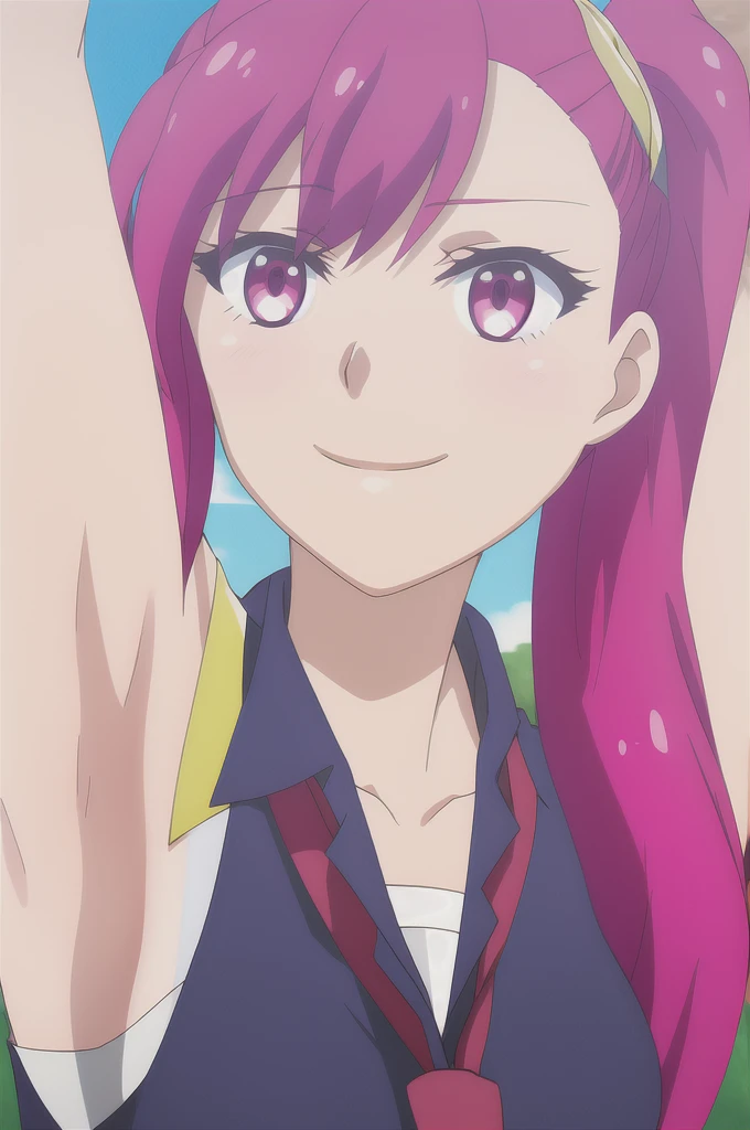 sera, 1girl, solo, long_hair, breasts, smile, shirt, red_eyes, twintails, closed_mouth, upper_body, pink_hair, red_hair, outdoors, necktie, sleeveless, pink_eyes, armpits, arms_up, tree, looking_to_the_side, sleeveless_shirt, red_necktie, arms_behind_head, armlet