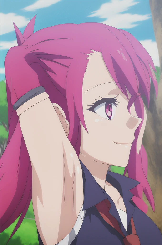 sera, 1girl, solo, long_hair, breasts, smile, shirt, red_eyes, twintails, closed_mouth, upper_body, pink_hair, red_hair, outdoors, necktie, sleeveless, pink_eyes, armpits, arms_up, tree, looking_to_the_side, sleeveless_shirt, red_necktie, arms_behind_head, armlet