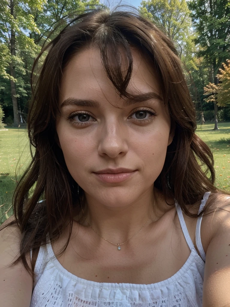 Brunette de 32 ans, cheveux longs, peau mate, brassière de sport, running, en sueur, lumière du matin, dans la nature, gros plan visage, selfie