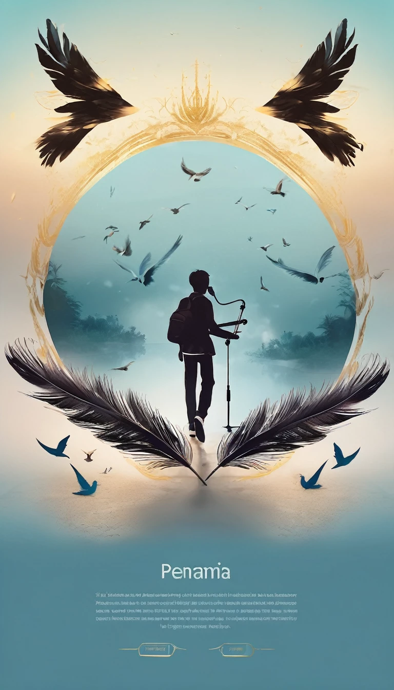 Create a professional, fantastic, cinematic dream-like Youtube Banner for a brand about music, stories, fantasy and dreams called " Penamemoria". Masterpiece, 4k, sharp focus, highest quality,wide shot. The title is " Penamemoria". Is a brand about the creative, unique journey of a boy into becoming a musician storyteller. In his journey he finds inspiration in a world of birds and feathers. Minimalistic, simple, poetic, dreamy logotype at the center of the image. The Background image is a world full of fantastic feathers, unique birds, light blue sky, soft white and light golden. Logo design of a face of a boy and a face of a feather