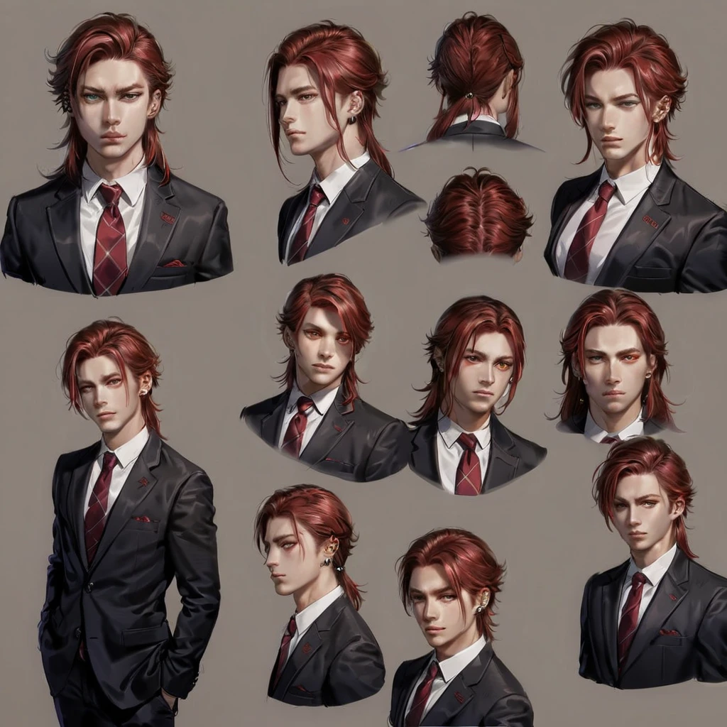 Character design sheet young man, red hair in mullet, dress shirt and red tie, ear piercings, dark brown eyes.