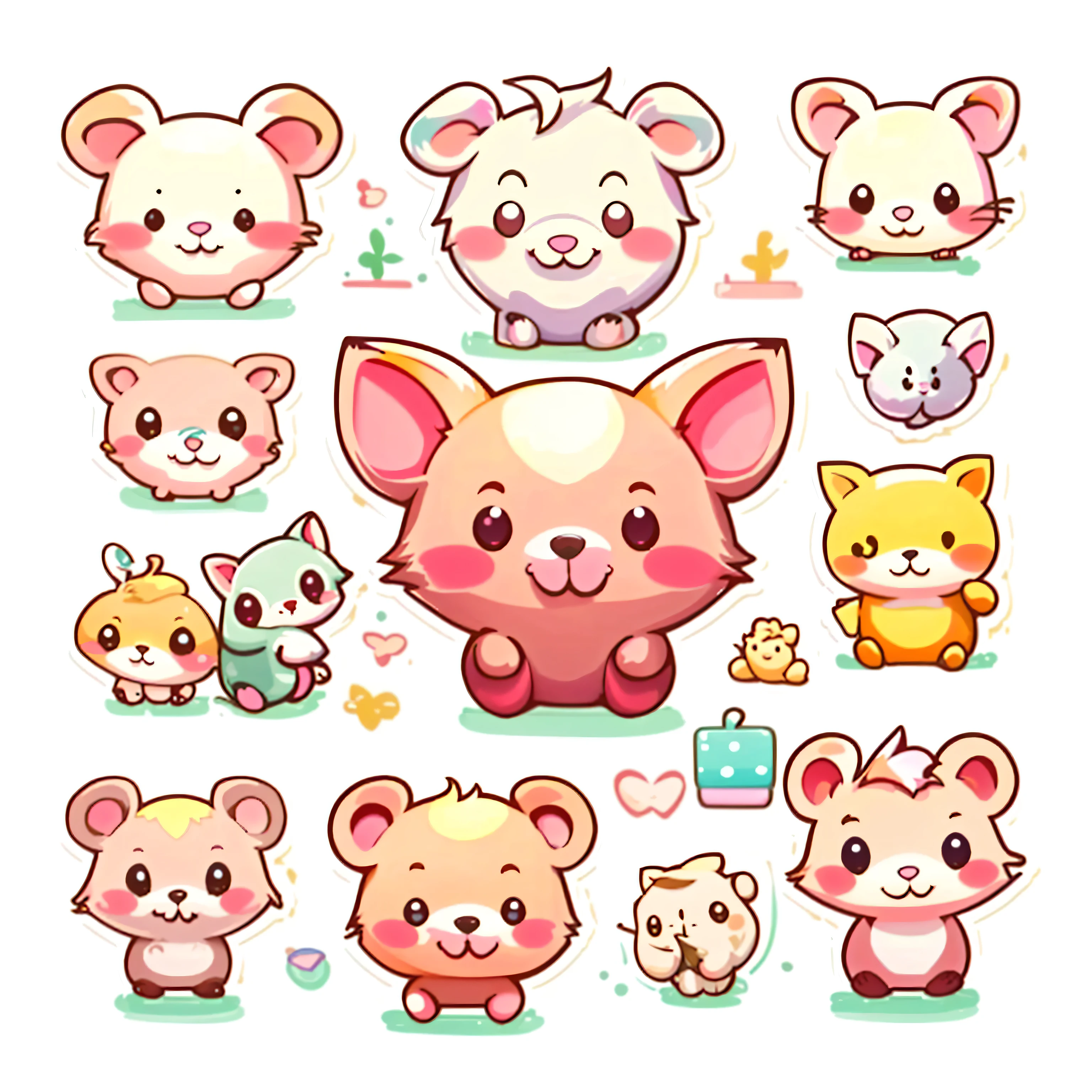 Enhance the details,Complex finishing colors,high qualiy,4K,A group of cartoon pigs with different expressions and expressions, adorable digital art, pokemon rato bonito, cute characters, cute art, cute detailed digital art, adorable creature, cute animals, cute Pokémon style, cute detailed art, cute art style, rato maplestory, author:Ryan Yee, kawaii, hamsters, cute illustration, kawaii chibi, cute cartoon character,