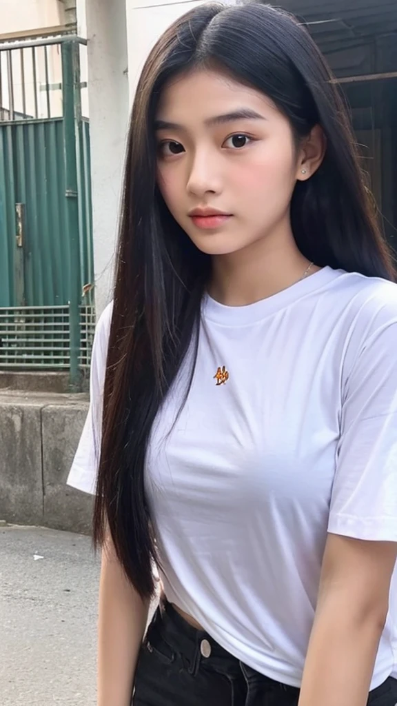A 20-year-old Thai girl,faint smile,long black hair, wearing a white t-shirt that says 'DO NOT SHOCK',jeans ,white shoes,was sitting on the rainbow bridge,twilight atmosphere,facing the camera ultra HD clear photos