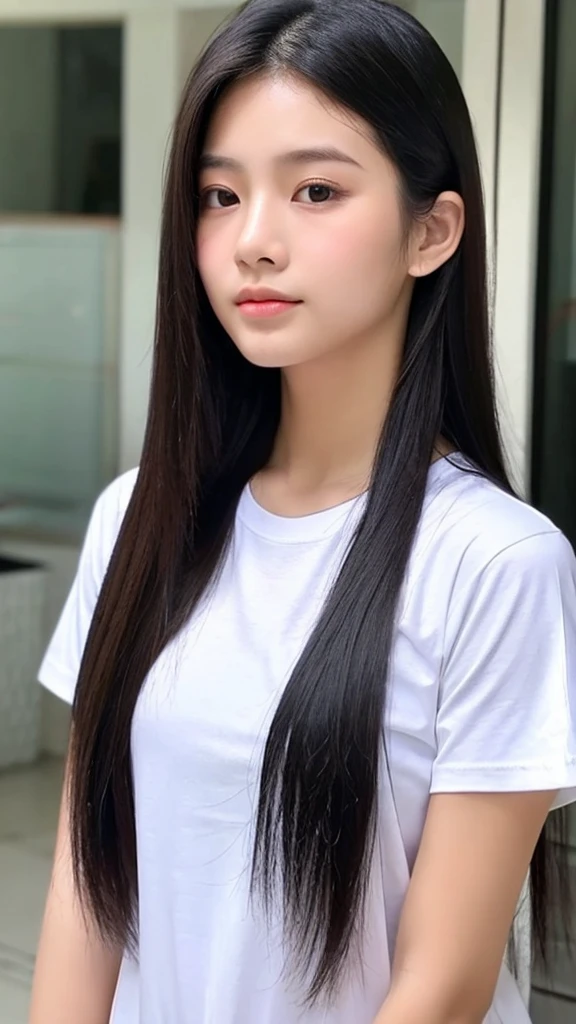 A 20-year-old Thai girl,faint smile,long black hair, wearing a white t-shirt that says 'DO NOT SHOCK',jeans ,white shoes,was sitting on the rainbow bridge,twilight atmosphere,facing the camera ultra HD clear photos