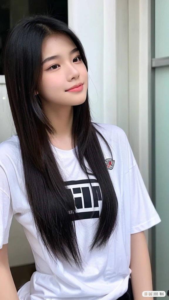 A 20-year-old Thai girl,faint smile,long black hair, wearing a white t-shirt that says 'DO NOT SHOCK',jeans ,white shoes,was sitting on the rainbow bridge,twilight atmosphere,facing the camera ultra HD clear photos