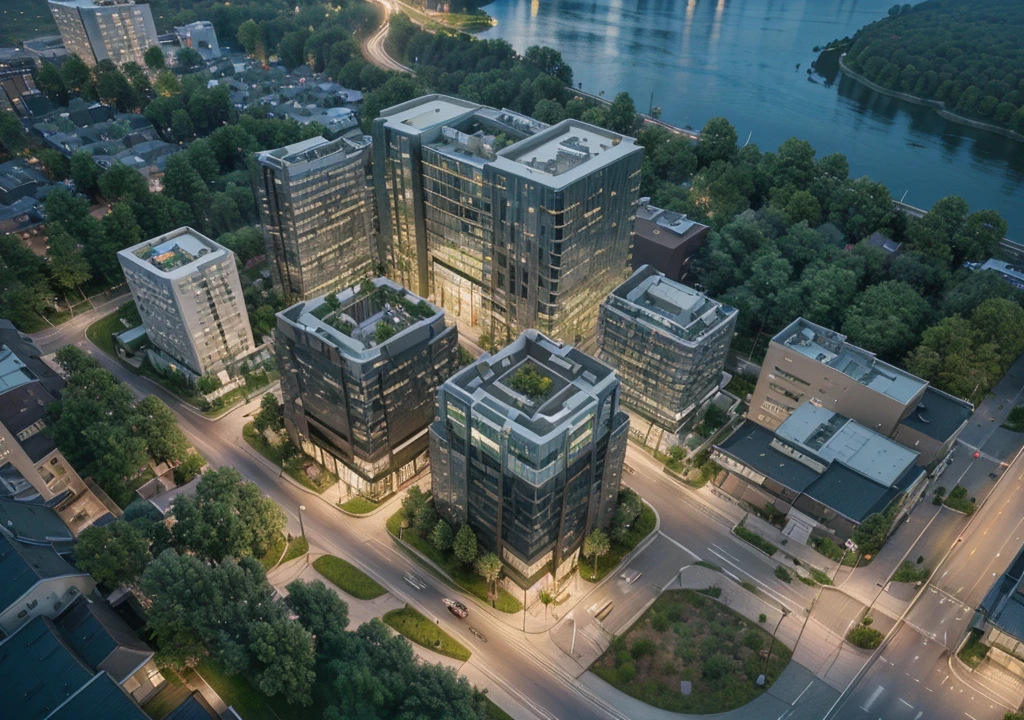 Skyscraper office building with green trees at night, High-tech environment, clear focus illustration hq, Highly detailed building exterior glass structure, The above points, skyscraper forest community, City, There is a river in the distance, City建筑亮化, High field of view, High-rise buildings,masterpiece,High Detail,HD resolution,8K,