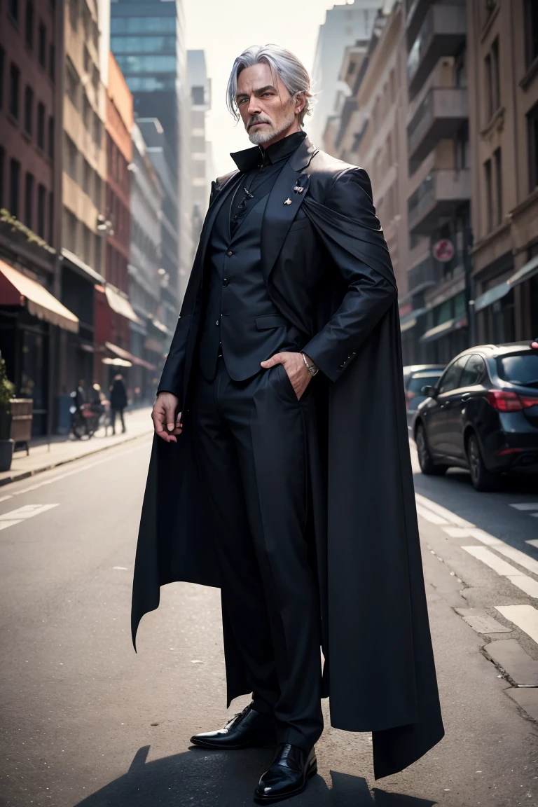 full body shot of dark mage, 45 year old man, business suit, dark cloak, old tome, silver hair, (relaxed pose), modern city, daylight