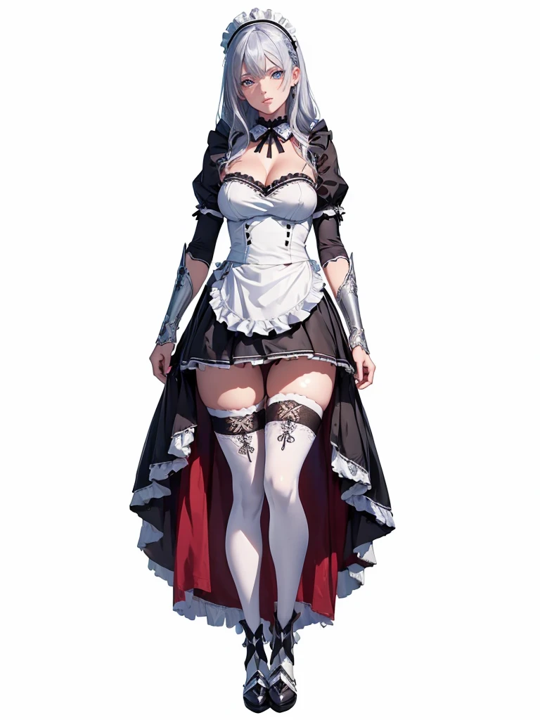 ((1girl, solo)), mature female, beautiful body, (perfect anatomy, perfect body, perfect hands, perfect legs), (five fingers:1.5), natural proportions, sexy body, large breasts, cowboy shot, (legs apart:1.3) ((full body, full body front)) BREAK
((extremely detailed face)), (beautiful detailed eyes:1.6), (realistic pupils, realistic iris:1), expressive eyes, looking at viewer, (clear eyes:1.3), (hyperrealistic:1.2), (detailed skin texture:1.2), smooth skin, blue eyes, (silver hair:1.5), long hair, (detailed lips:1.2), (attractive lips:1.1), (glossy lips:1.1), (little smlie), perfect face, perfect eyes BREAK
maid, ((maid outfit)), maid headdress, maid apron, frills, mini dress, cleavage, detached collar, bow, fantasy armor, black armor, (arm guard:1.3), armor gloves, juliet sleeves, zettai ryouiki, thighs, (black thighhighs:1.5), (greaves:1.5), black footwear, high heels BREAK
(masterpiece:1.5), anime-style, top quality, best quality, (beautiful and aesthetic:1.2), (ultra detail:1.5), Ultra-detailed depiction, Ultra-precise depiction, extremely detailed 8k illustration, high resolution, (highly detailed shading:1.2), (realistic lighting:1.4), perfect lighting, vibrant colors, dynamic tones, striking hues, 8k, absurd resolution, perfect shadows, hdr, UHD, ambient lighting, realistic, ultra-realistic, photo realistic, highly detailed, rich detail, luminous colors, fine texture, intricate design, professional illustration, (soft light:1.2), (illustration:0.7)