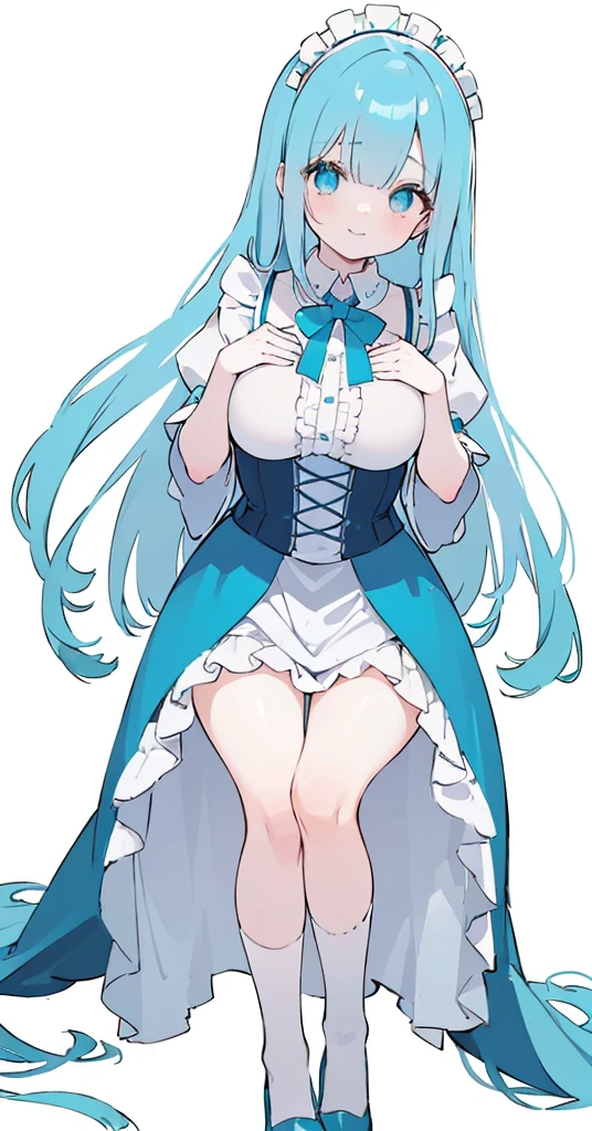 (long beautiful blue hair) cyan eyes, (Eyes behind long bangs) big breasts, using accessories (using socks) perfect shiny beautiful cyan shoes (Wearing luxurious palace maid clothes Perfect perfect noble) Pose facing sideways (Girl1, straight hair not too long, bangs covering one eye, soft face, gentle smile) long hair, beautiful cyan eyes (Free pose, right hand down, left hand down, ((Free pose))smile kawai, (blank white background) Wearing a blue corset, (Using a beautiful bright blue ribbon) Kawai shy cute eyes (cyan colored shoes must be shiny, Must wear short white socks)