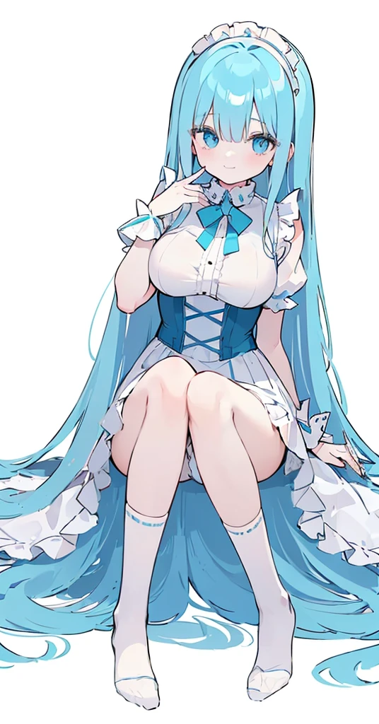 (long beautiful blue hair) cyan eyes, (Eyes behind long bangs) big breasts, using accessories (using socks) perfect shiny beautiful cyan shoes (Wearing luxurious palace maid clothes Perfect perfect noble)  Pose facing sideways (Girl1, straight hair not too long, bangs covering one eye, soft face, gentle smile) long hair, beautiful cyan eyes (Free pose, right hand down, left hand down, ((Free pose))smile kawai, (blank white background) Wearing a blue corset, (Using a beautiful bright blue ribbon) Kawai shy cute eyes (cyan colored shoes must be shiny, Must wear short white socks)