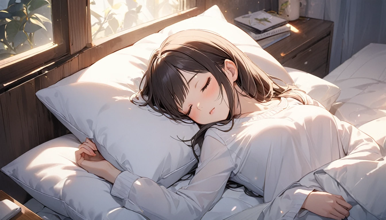 (Highest quality),Woman sleeping on a pillow,I'm tired and exhausted,Large windows,Night Sky, star, full moon