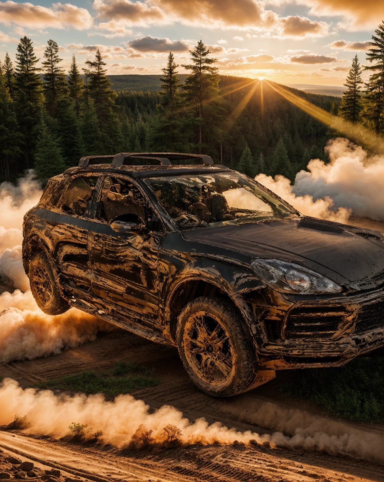 Photos of off-road vehicles, summer,Road in the forest, Sunlight,Heat,Sunset, cloud,Real light,HD,Realistic details