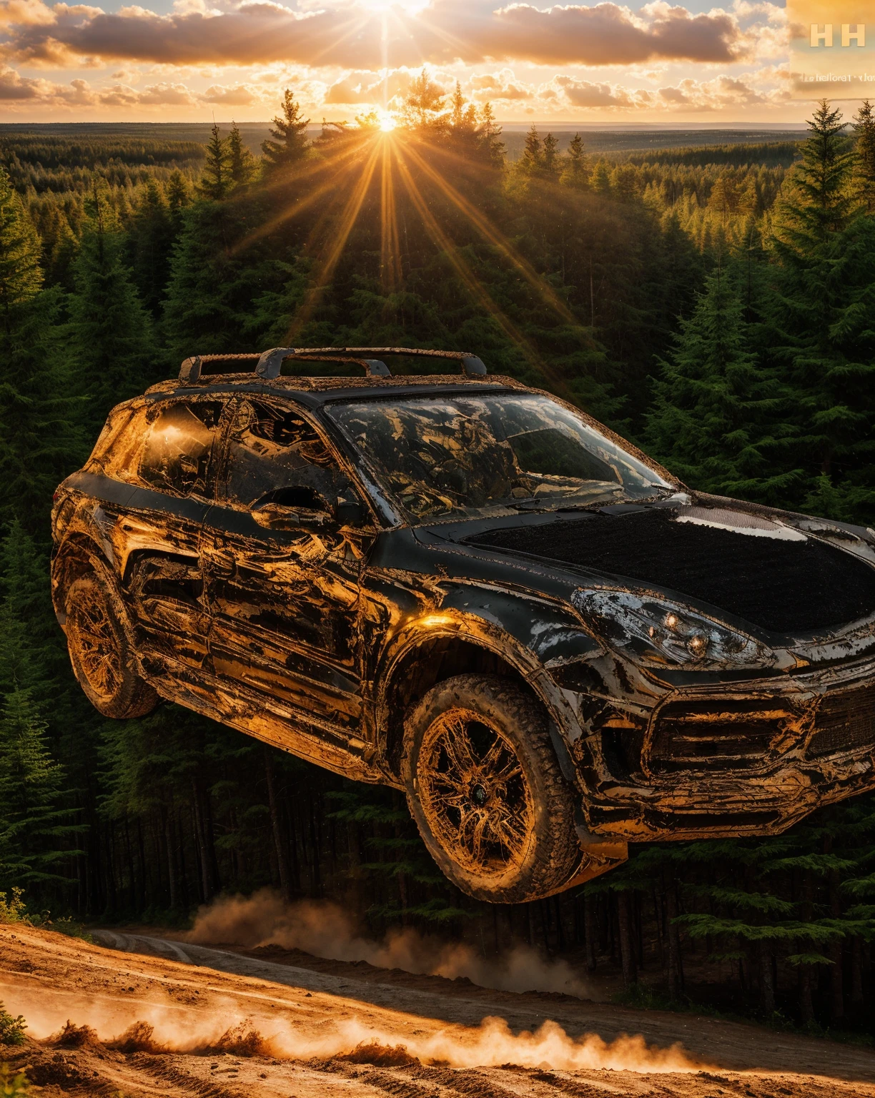 Photos of off-road vehicles, summer，Road in the forest, Sunlight，Heat，Sunset, cloud，Real light，HD，Realistic details