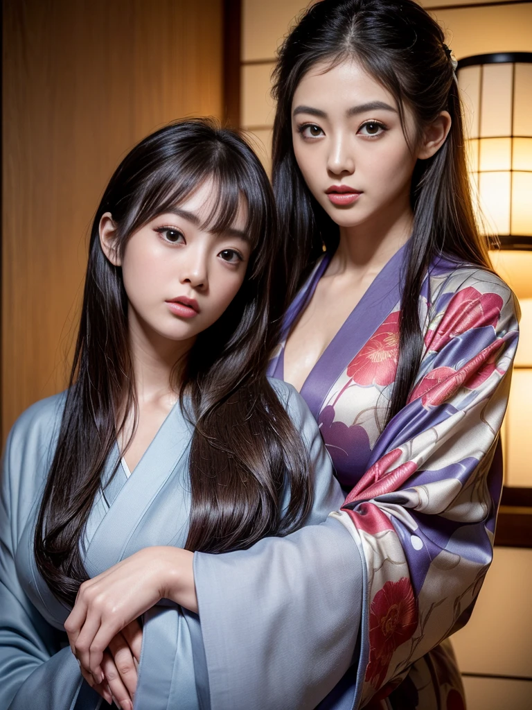 (Highest quality, masterpiece, Ultra-high resolution, (Realistic:1.4), RAW Photos,  Depth of written boundary, Professional Lighting, Perfect Anatomy, Very detailed), One is the most famous Japanese actress., ((Wearing a very beautifully designed Japanese kimono)), (Very beautiful face, ((Very beautiful and very big eyes)), Very beautiful Japanese hairstyle, Very beautiful skin), Very beautiful long eyelashes, Very beautiful lips