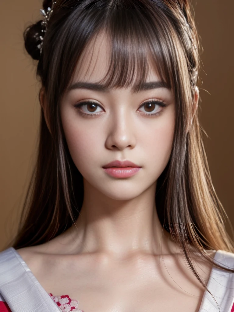 (Highest quality, masterpiece, Ultra-high resolution, (Realistic:1.4), RAW Photos, Depth of written boundary, Professional Lighting, Perfect Anatomy, Very detailed), One is the most famous Japanese actress., ((Wearing a very beautifully designed Japanese kimono)), (Very beautiful face, ((Very beautiful and very big eyes)), Very beautiful Japanese hairstyle, Very beautiful skin), Very beautiful long eyelashes, Very beautiful lips