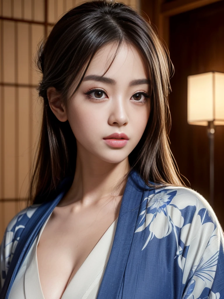 (Highest quality, masterpiece, Ultra-high resolution, (Realistic:1.4), RAW Photos, Depth of written boundary, Professional Lighting, Perfect Anatomy, Very detailed), One is the most famous Japanese actress., ((Wearing a very beautifully designed Japanese kimono)), (Very beautiful face, ((Very beautiful and very big eyes)), Very beautiful Japanese hairstyle, Very beautiful skin), Very beautiful long eyelashes, Very beautiful lips