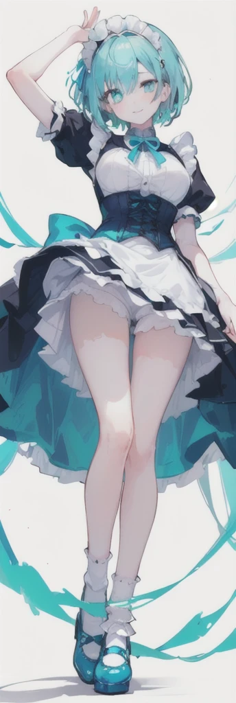 (short hair) cyan eyes, (Eyes behind long bangs) big breasts, using accessories (using socks) perfect shiny beautiful cyan shoes (Wearing luxurious palace maid clothes Perfect perfect noble) Pose facing sideways (Girl1, straight hair not too long, bangs covering one eye, soft face, gentle smile) ((Standing position with long legs, bare thighs, image position visible from bottom of feet to top of head) SHORT blue hair, beautiful cyan eyes (Free pose, right hand down, left hand down, ((Free pose))smile kawai, (blank white background) Wearing a blue corset, (Using a beautiful bright blue ribbon) Kawai shy cute eyes (cyan colored shoes must be shiny, Must wear short white socks) ((short skirt)) short sleeves (image according to tag)