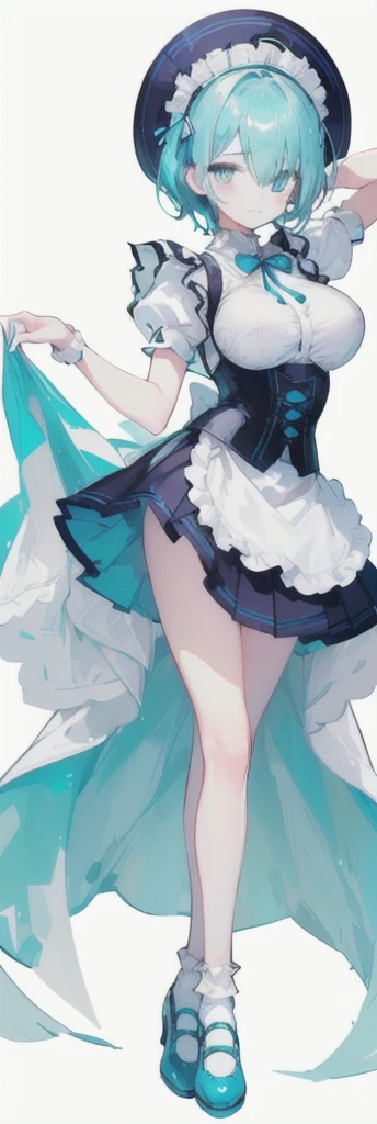 (short hair) cyan eyes, (Eyes behind long bangs) big breasts, using accessories (using socks) perfect shiny beautiful cyan shoes (Wearing luxurious palace maid clothes Perfect perfect noble)  Pose facing sideways (Girl1, straight hair not too long, bangs covering one eye, soft face, gentle smile) ((Standing position with long legs, bare thighs, image position visible from bottom of feet to top of head) SHORT blue hair, beautiful cyan eyes (Free pose, right hand down, left hand down, ((Free pose))smile kawai, (blank white background) Wearing a blue corset, (Using a beautiful bright blue ribbon) Kawai shy cute eyes (cyan colored shoes must be shiny, Must wear short white socks) ((short skirt)) short sleeves (image according to tag) 