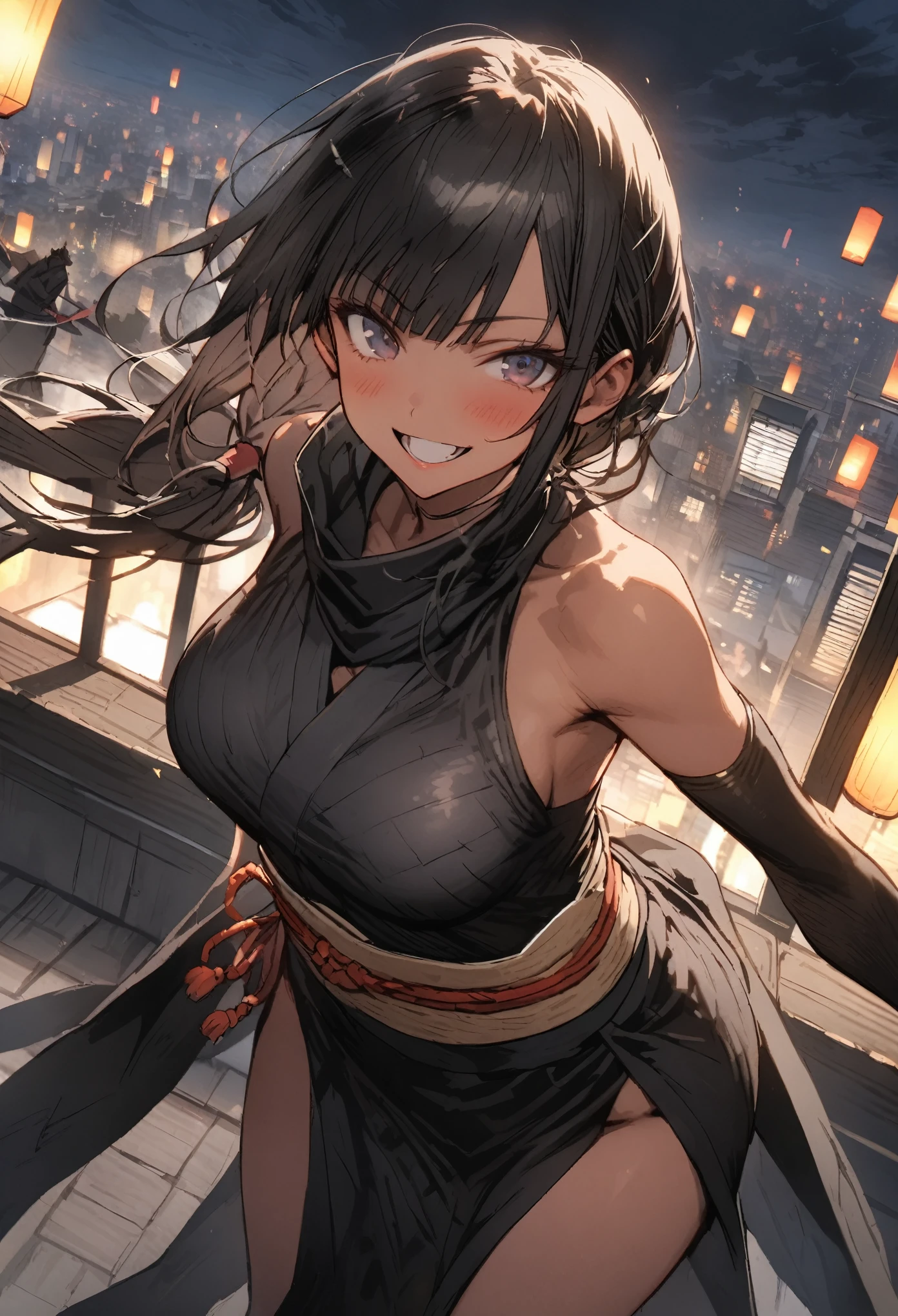 Action Scenes、(A woman fighting countless monsters),((masterpiece,Highest quality:1.3,best quality illustration)), 独奏,1woman,(Mature Japan beauties)、black hair,(low ponytail hair style),long hair,blunt bangs,black eyes,gorgeous eyes,((very small head:1.3)),blush,Triumphant,smile,((very long body:1.2)),medium breasts,(tan skin), (gleaming skin,toned body,slender body, skinny),(Female Ninja Costume、A simple, patternless black kimono、Black ide slits),standing,rooftop of high-rise building、Moonlit Night、Tokyo、
