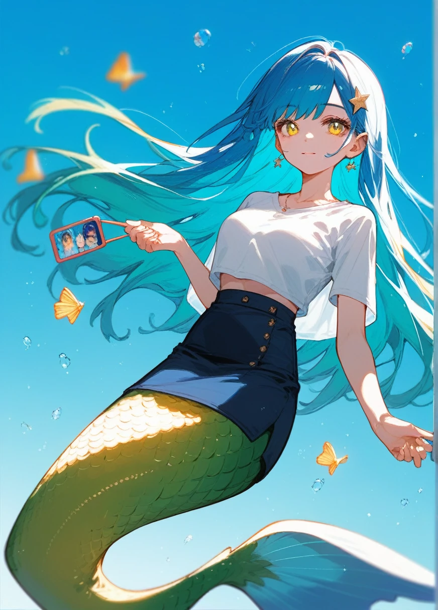 (Fraction_9,Fraction_8_Direction_7_up),1 Girl,blue gradient hair,White top dark blue skirt,Yellow eyes, Mermaid,Scales, Light streamer,beautiful_Face,
