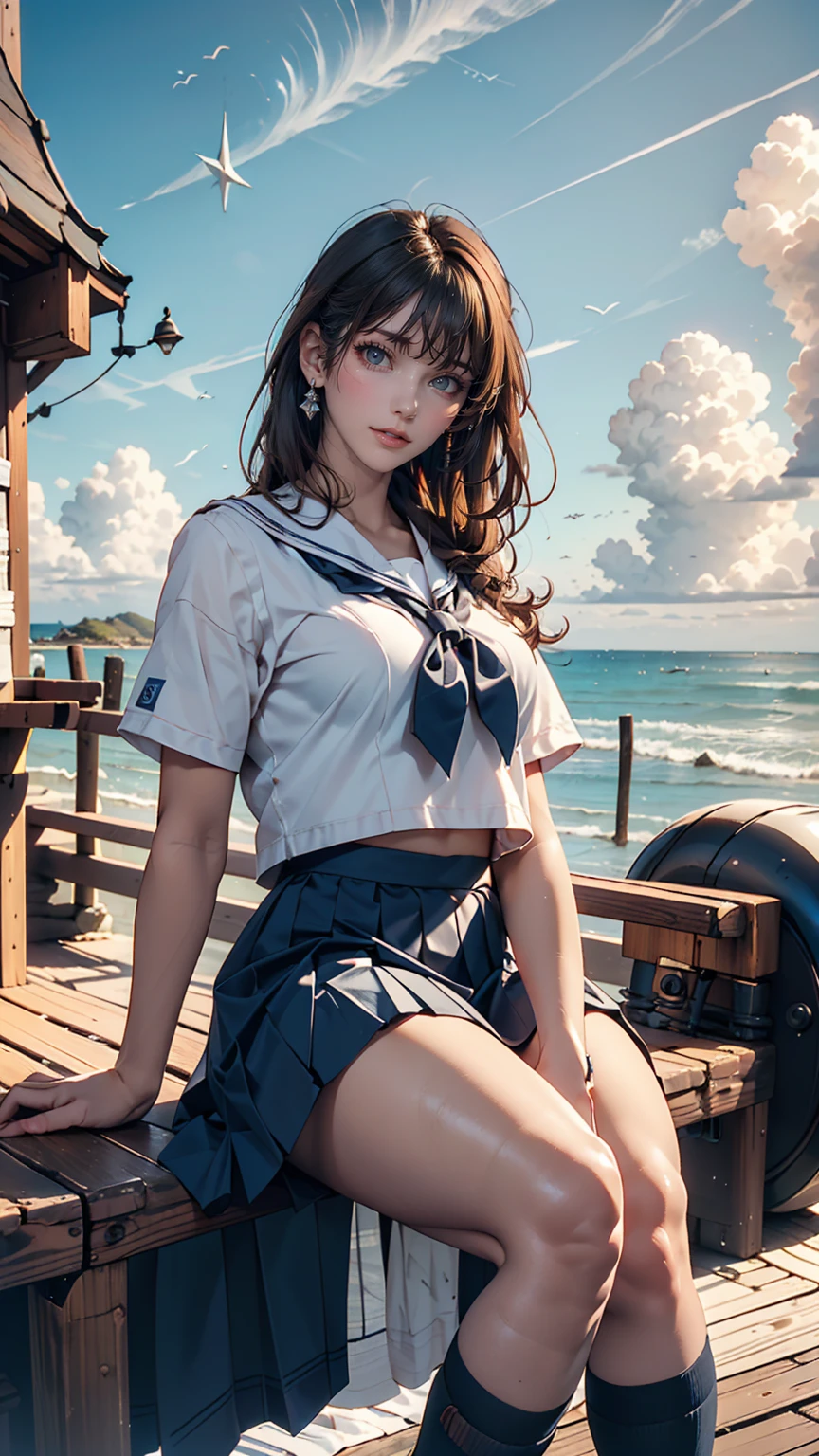 ((最high quality, 8K, masterpiece: 1.3, Ultra HD, high quality, 最high quality, High resolution, realism)) 、Very beautiful 18 year old Japanese girl、I'm wearing a sailor suit、Wearing a navy blue pleated skirt、Wear loafers、Hair  is light brown、black eye、Medium Hair、Straight hair、smile、sit on a high breakwater on the beach、The blue sky is beautiful、There is a road in front of the breakwater.、The sea is beautiful、Beautiful Horizon、 island can be seen offshore、Entering clouds on the horizon、Lighthouse on the island