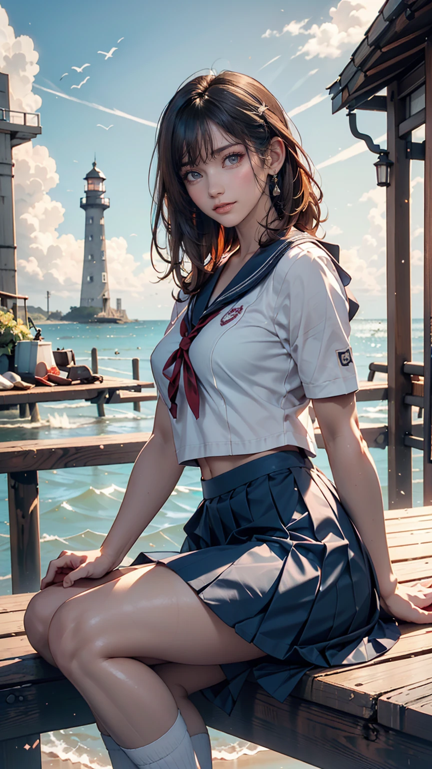 ((最high quality, 8K, masterpiece: 1.3, Ultra HD, high quality, 最high quality, High resolution, realism)) 、Very beautiful 18 year old Japanese girl、I'm wearing a sailor suit、Wearing a navy blue pleated skirt、Wear loafers、Hair  is light brown、black eye、Medium Hair、Straight hair、smile、sit on a high breakwater on the beach、The blue sky is beautiful、There is a road in front of the breakwater.、The sea is beautiful、Beautiful Horizon、 island can be seen offshore、Entering clouds on the horizon、Lighthouse on the island