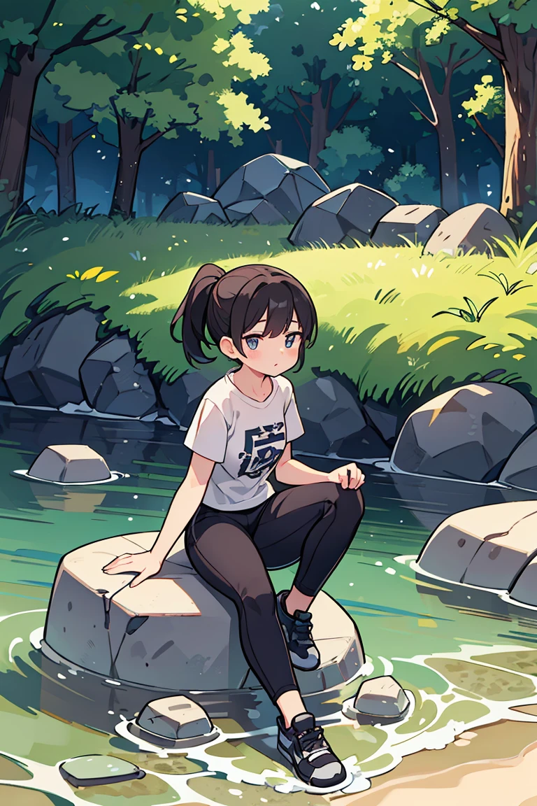 A woman rock climbing on a large boulder near a clear, greenish river. She is wearing a white T-shirt, black pants, and climbing shoes. Her hair is tied back in a ponytail. The background consists of other large rocks and the river, creating a rugged and natural outdoor setting. The lighting is natural, highlighting the texture of the rocks and the water's surface.