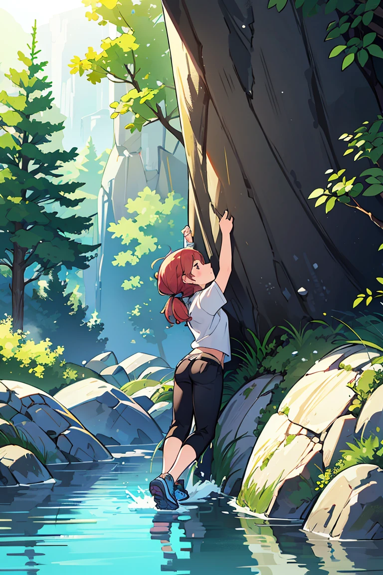 A woman rock climbing on a large boulder near a clear, greenish river. She is wearing a white T-shirt, black pants, and climbing shoes. Her hair is tied back in a ponytail. The background consists of other large rocks and the river, creating a rugged and natural outdoor setting. The lighting is natural, highlighting the texture of the rocks and the water's surface.
