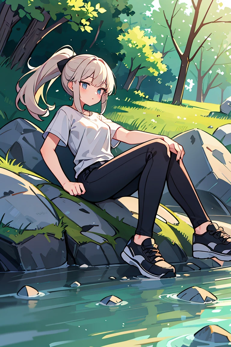 A woman rock climbing on a large boulder near a clear, greenish river. She is wearing a white T-shirt, black pants, and climbing shoes. Her hair is tied back in a ponytail. The background consists of other large rocks and the river, creating a rugged and natural outdoor setting. The lighting is natural, highlighting the texture of the rocks and the water's surface.
