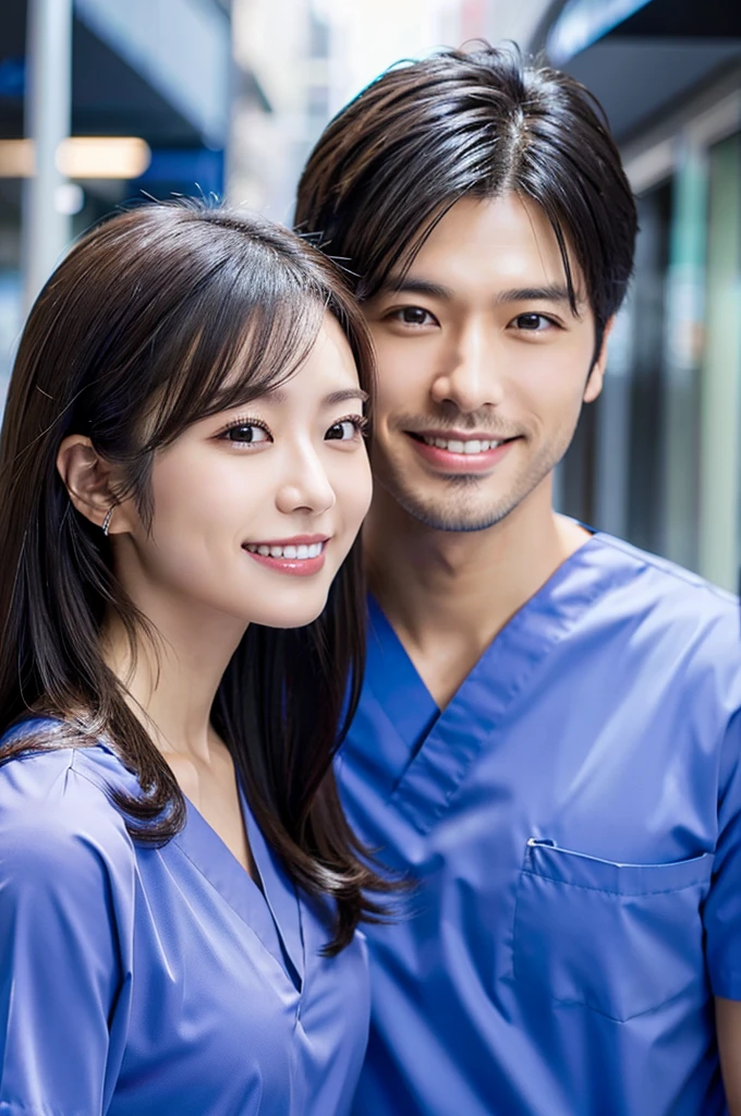 Male dentist and female dental hygienist　２people　A good business partner　日本people　Handsome Men and Beautiful Women　Wear black scrubs　Upper body close-up　high resolution　high resolution　Highest quality　smile　Shooting outside