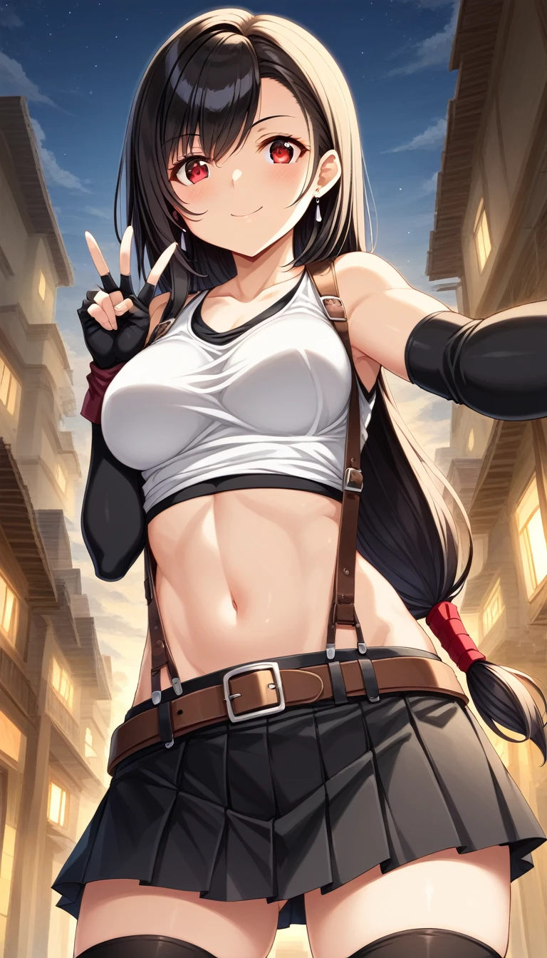 score_9, score_8_up, score_7_up, ,front_view,breast below view,(soro focus),standing,straight-on,,,selfie,(upperbody:1),looking_at_viewer ,1girl, tifa lockhart, final fantasy,(beautiful woman). tareme,black hair, low-tied long hair, red eyes, bangs, white tank top,gap, belt, pleated skirt, thighhighs, elbow fingerless gloves, elbow pads, midriff, navel,suspender skirt.zettai ryouiki ,(large_breasts:1.2),((perky breasts;1,3)),(light smile),slender_waist:1.2 ,Solo,,(daytime and outdoors),(masterpeace),(best quality),((aesthetic,very aesthetic)),,highly detailed,(megami_magazine),(professional lighting),(cinematic lighting),great lighting,