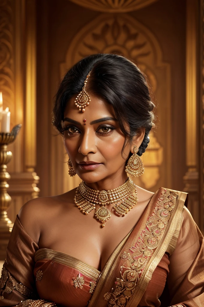 A mature Indian woman, beautiful detailed eyes, beautiful detailed lips, extremely detailed face, long eyelashes, elegant mature woman, beautiful mature Indian woman, ornate Indian jewelry, intricate Indian sari, opulent luxury, glowing skin, dramatic lighting, warm color palette, high-quality digital art, masterpiece, photorealistic, 8k, ultra-detailed