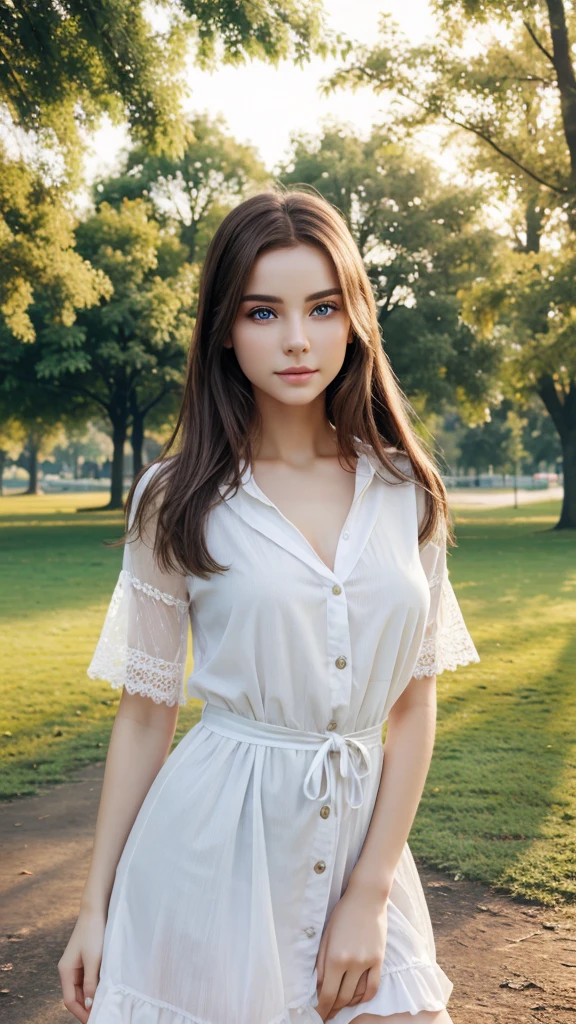 4k realistic image of a beautiful girl with white skin and beautiful eyes in a park , Make it realistic like real human.
