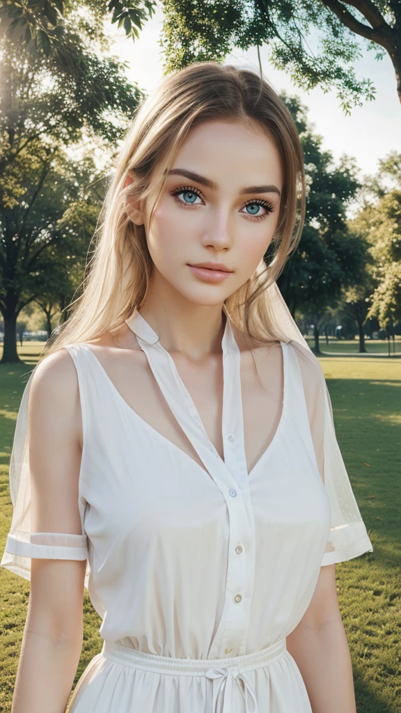 4k realistic image of a beautiful girl with white skin and beautiful eyes in a park , Make it realistic like real human.