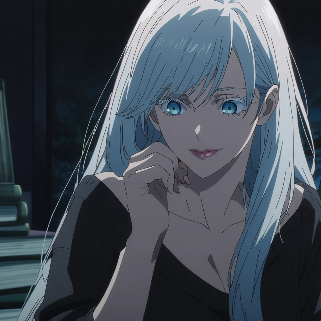 1girl, female gojo satoru, anime screencap from jujutsu kaisen, gojo satoru female version, solo, very long_hair, ((smooth texture hair)) blue eyes, ((white eyelashes)), ((very long white_hair)), night view, breasts, upper_body, smile, indoors, book, bangs, blue_eyes, lips, (wearing round sunglasses) (( ver y long hair, swept bangs)) wearing black color sweater off the shoulder, breast, "very detailed and high resolution" (blue eyes) ((one hand on the chin)) ((smooth texture hair)) ((solo)) ((high resolution)) ((upper body)) (Good quality) cleavage, (sitting)