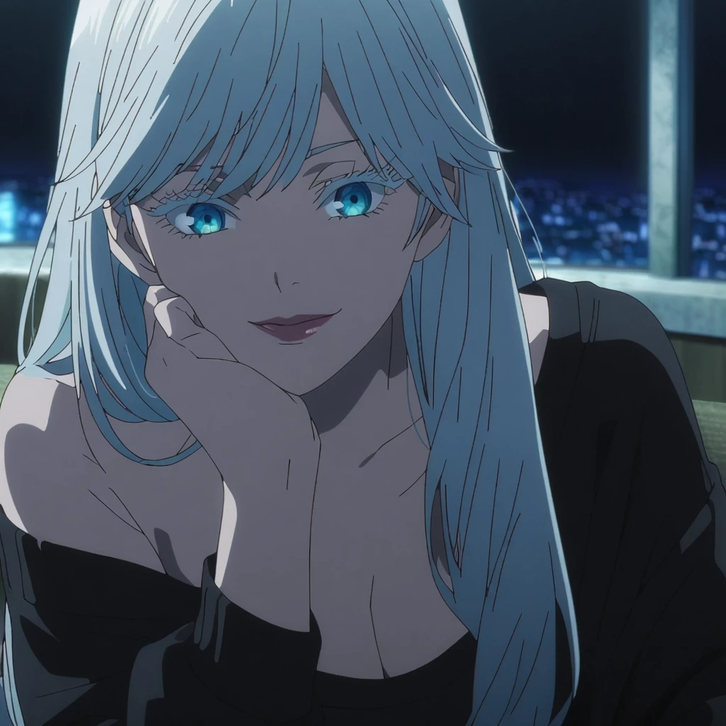 1girl, female gojo satoru, anime screencap from jujutsu kaisen, gojo satoru female version, solo, very long_hair, ((smooth texture hair)) blue eyes, ((white eyelashes)), ((very long white_hair)), night view, breasts, upper_body, smile, indoors, book, bangs, blue_eyes, lips, (wearing round sunglasses) (( ver y long hair, swept bangs)) wearing black color sweater off the shoulder, breast, "very detailed and high resolution" (blue eyes) ((one hand on the chin))  ((smooth texture hair)) ((solo)) ((high resolution)) ((upper body)) (Good quality)  cleavage, (sitting)