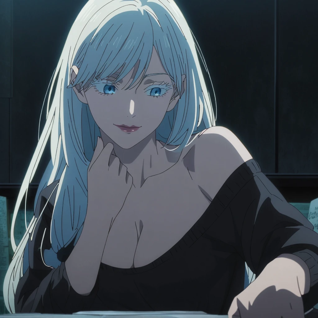 1girl, female gojo satoru, anime screencap from jujutsu kaisen, gojo satoru female version, solo, very long_hair, ((smooth texture hair)) blue eyes, ((white eyelashes)), ((very long white_hair)), night view, breasts, upper_body, smile, indoors, book, bangs, blue_eyes, lips, (wearing round sunglasses) (( ver y long hair, swept bangs)) wearing black color sweater off the shoulder, breast, "very detailed and high resolution" (blue eyes) ((one hand on the chin))  ((smooth texture hair)) ((solo)) ((high resolution)) ((upper body)) (Good quality)  cleavage, (sitting)