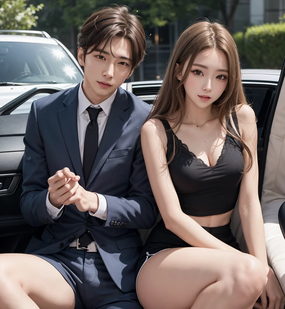 Two people, a man and a woman, couple, beautiful woman, Wear a top, shorts, handsome man, suit, car,