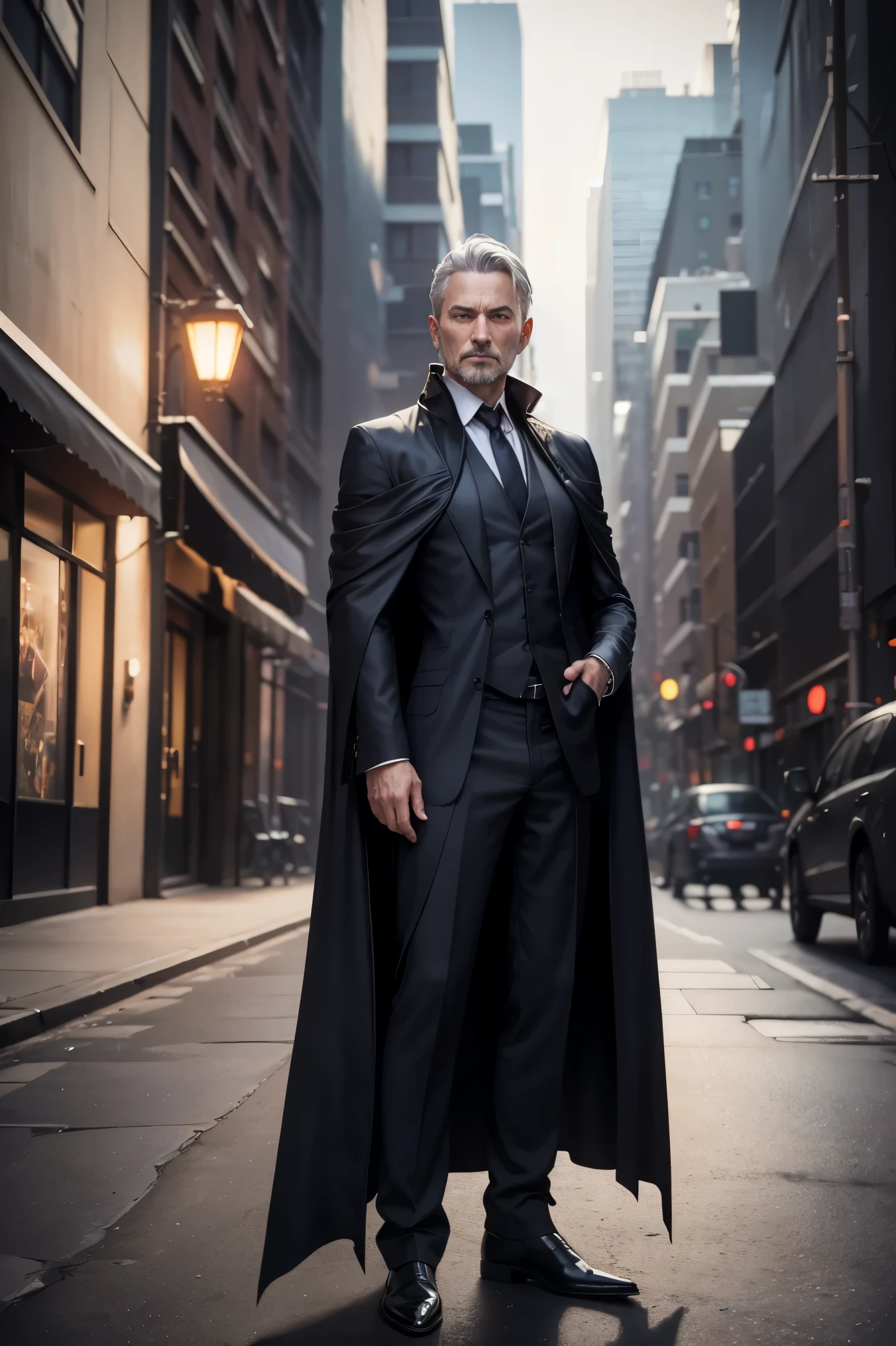 full body shot of dark mage, 45 year old man, business suit, dark cloak, old tome, silver hair, (relaxed pose), modern city, daylight