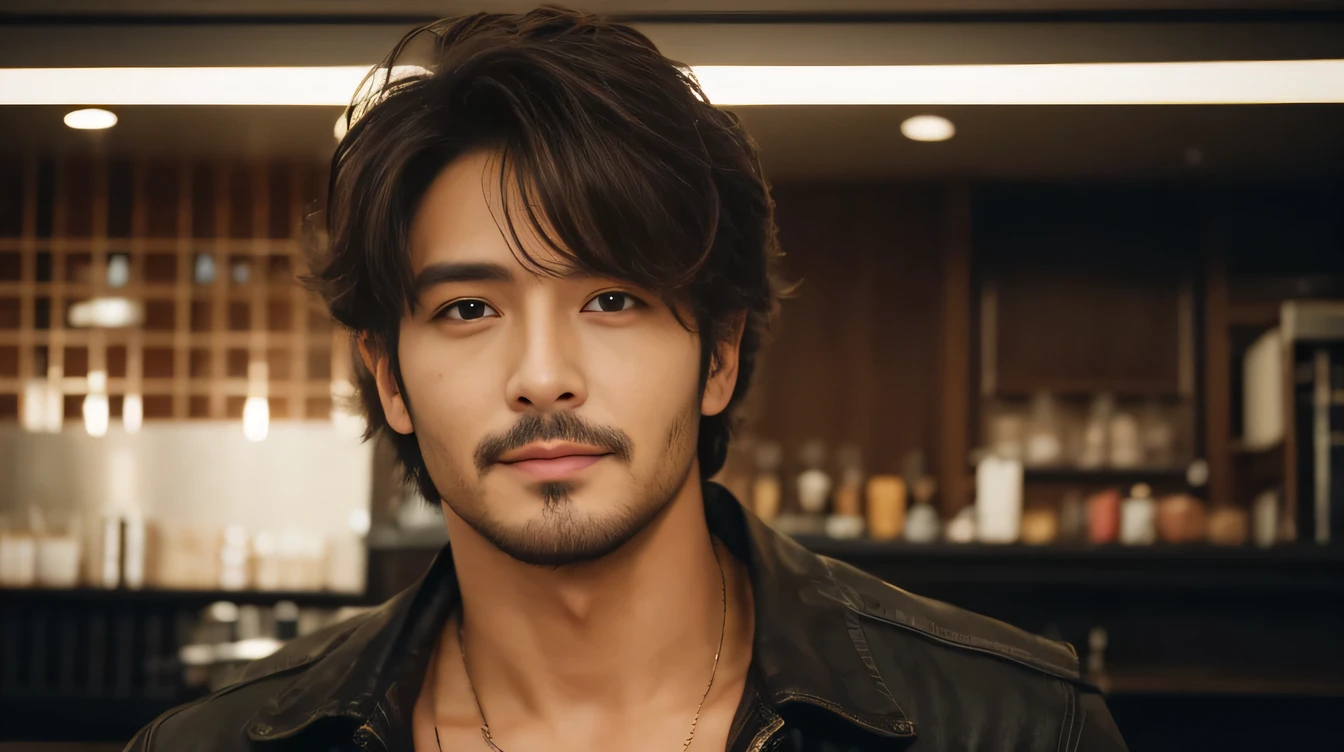musician、Breezy, Handsome man in his 40s、(Super cool S-class guy)、Japanese men, 30 years old、、Photo taken in a cafe、a handsome guy、(CG Unity 8K high resolution photo)、(Very detailedSクラスのa handsome guy性)、(Realistic)、(Highest quality))、Very detailed、super high quality、expensive、audience、kind person、Very beautiful hair Perm Hair、Bright photo、Handsome like a model、Handsome like an idol、Looking into the camera、inside a stylish cafe、Stubble