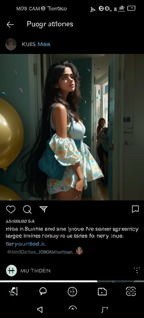A close-up shot of a Cuban woman in her mid-30s, standing in front of an Instagram screen on her phone. She's surrounded by vibrant decorations, including balloons and confetti. Her expression is a mix of sadness , disgust , love and excitement . Her 25-year-old self is reflected in the phone screen, showcasing a defined beauty with luscious hair and captivating eyes.