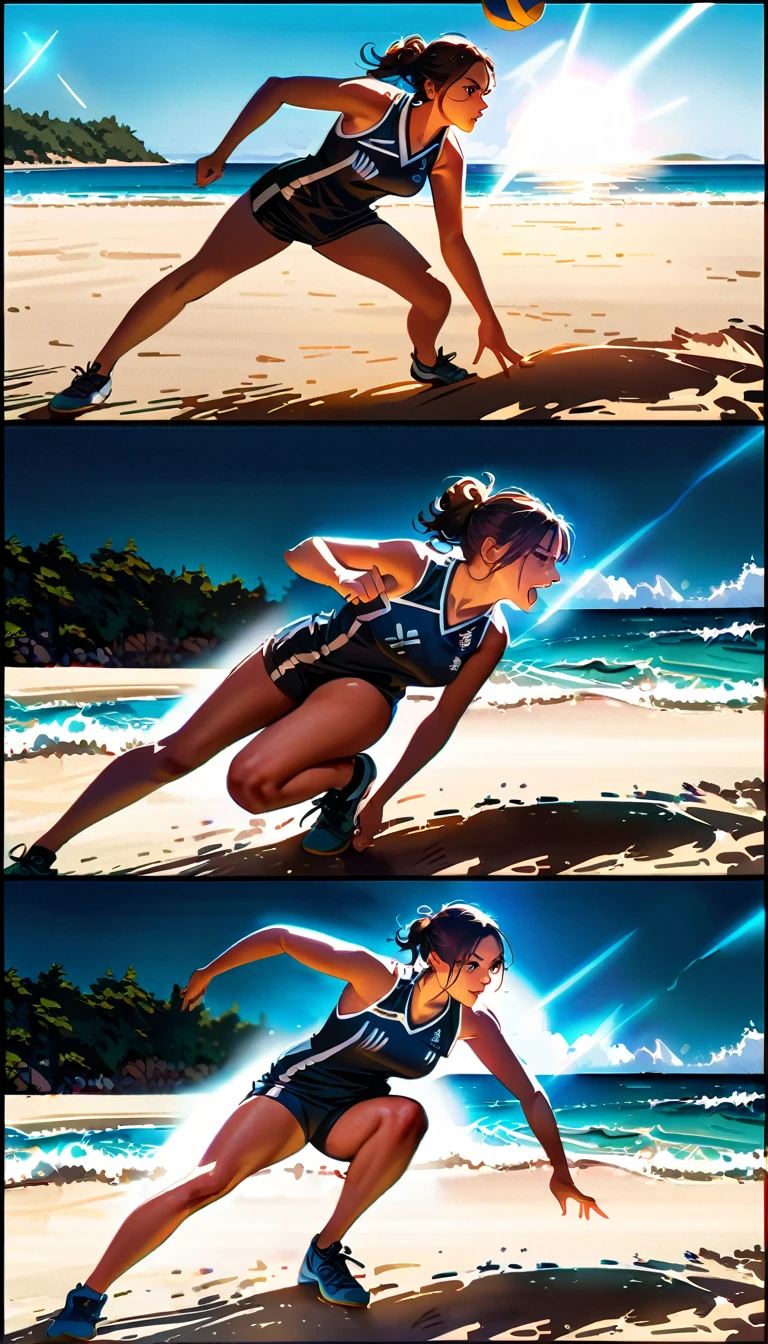 a beautiful woman playing beach volleyball, throwing herself on the sand after the ball, dynamic action, fierce expression, comic book style, cinematic lighting, highly detailed, 8k, photorealistic, (best quality:1.2), (cinematic lighting:1.3), (action pose:1.2), (dynamic:1.2), (fierceness:1.2), (sports:1.2), beach, sand, ocean, volleyball, ball, beach volleyball sports uniform