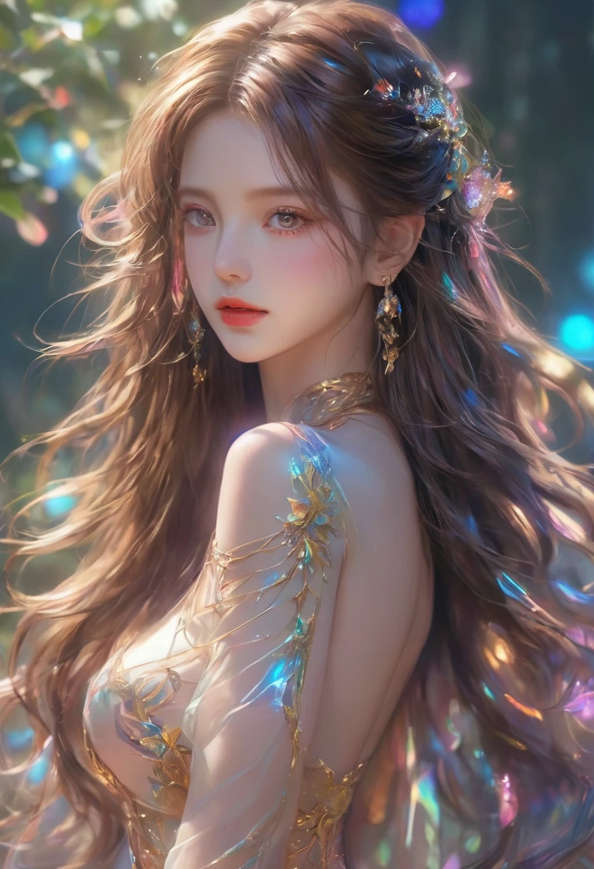 Top quality, top official art, beautiful and aesthetic masterpiece, highest level of detail, artwork is 4K, 8K, High Resolution, (Photorealistic: 1.5), Sharp Focus, 1girl, (((Full Body Shot))), Ultra Detailed Illustration of Female Silhouette, Fantastic Figure, Beautiful Face, Detailed and Perfect Face, Big and Even Eyes, Perfect Proportion, Huge Breasts, Thin Waist, Navel, Wide Hips, Crotch Gap, Sexy Thighs, (Dynamic Pose: 1.3), (Changing Pose: 1.5), (Dynamic Angle: 1.3), (((Translucent Skin: 1.5))), (((Translucent Body: 1.5))), Neon Light, Light Particles, Colorful, CMYK Color, Backlight,