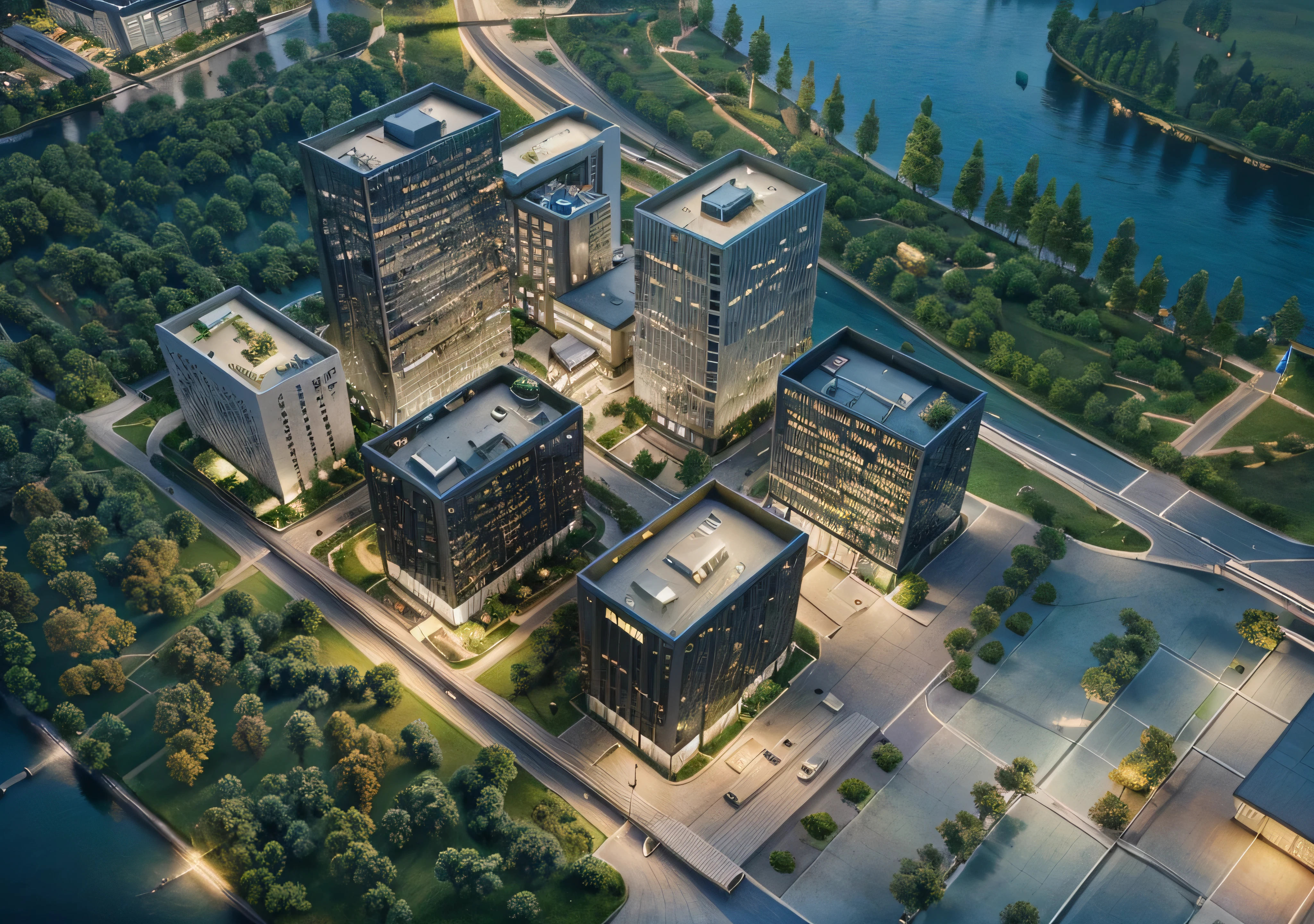 Skyscraper office building with green trees at night, High-tech environment, clear focus illustration hq, Highly detailed building exterior glass structure, The above points, skyscraper forest community, City, There is a river in the distance, City building lighting, High field of view, High-rise buildings,masterpiece,High Detail,HD resolution,8K,