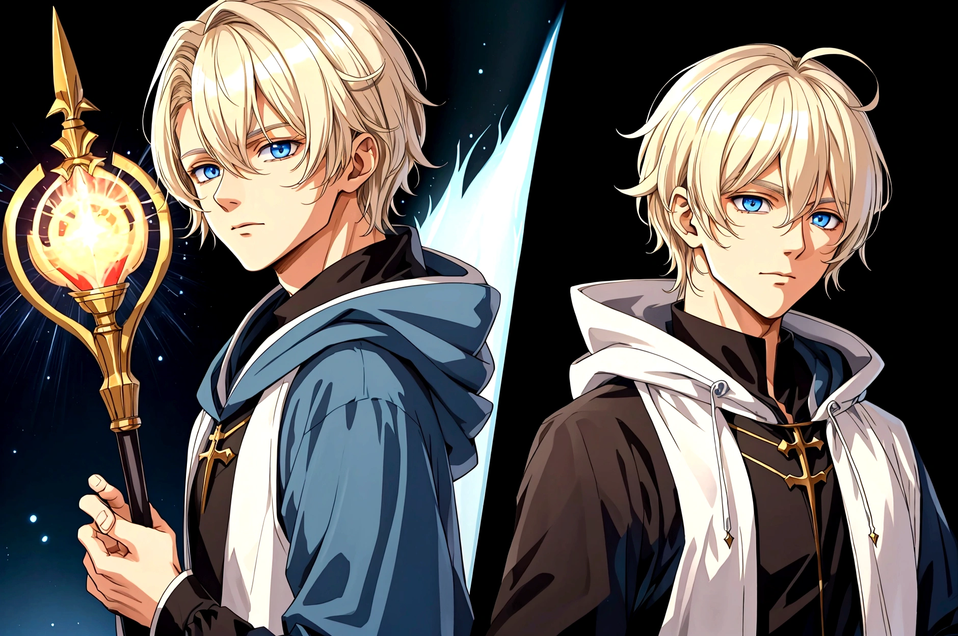 Sorcerer Divine Soul man, he has a light hair and blue eyes, he wear a hood.