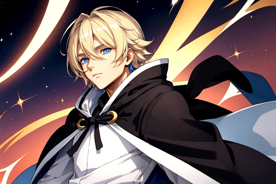 Sorcerer Divine Soul man, he has a light hair and blue eyes, he wear a hood.