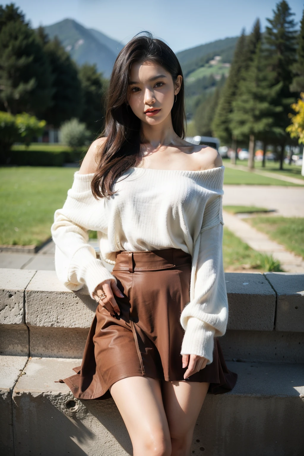 ((best quality)), ((masterpiece)), (detailed), （NMI）18.5-23.91，60-80，85-105，Height 168 cm，Weight 50-62 kg，Waist 65，Hip circumference 105，胸d，girl, Off-shoulder sweater skirt, landscape，Royal sister  ，
