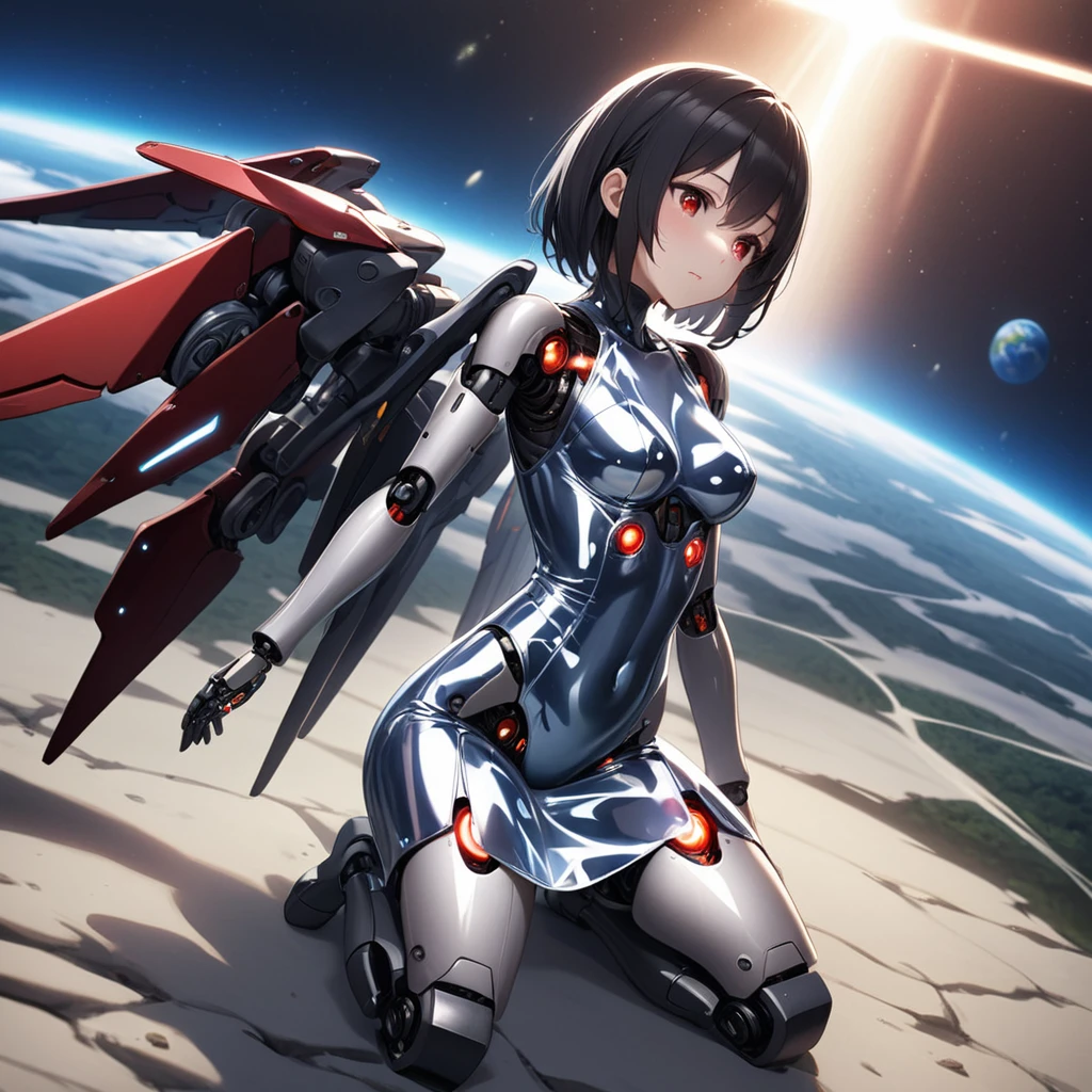 1girl、Black hair, red eyes,Leotards, earth, clear vinyl dresses, wariza、mechanical wings,android, joints, robot joints、deep faint light 、 detailed CG、high resolution