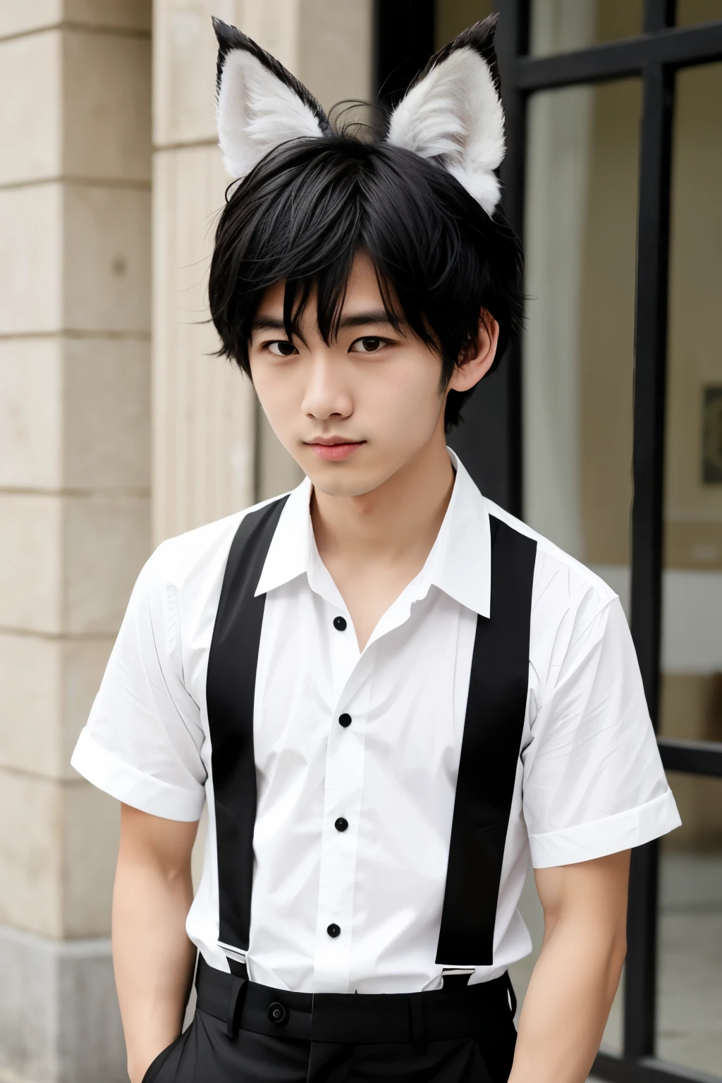 anime boy, wolf ears, but long black, black and white checkered shirt, White skin