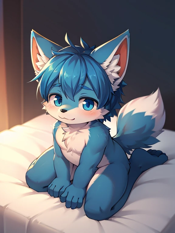 adult, feline, mammal, anthro, anthromorphic, cat, striped, fur, furred_anthro, femboy, male, blue, ear_tufts, purple, paws, hair_tuft, hair_between_eyes, long_tail, fluffy, expressive_eyes, blue/teal_hair, light looking_at_viewer, blue_fur, shy, small_pupils, spotted_pattern, stripes, tiger_stripes, digital_art, high_resolution, high_res, background, shy, posing, laying_down, pink_paws, paws